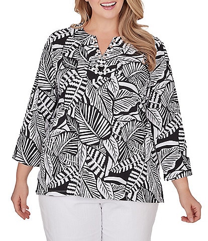 Ruby Rd. Plus Size Tropical Leaf Print Horseshoe Neck 3/4 Sleeve Knit Top