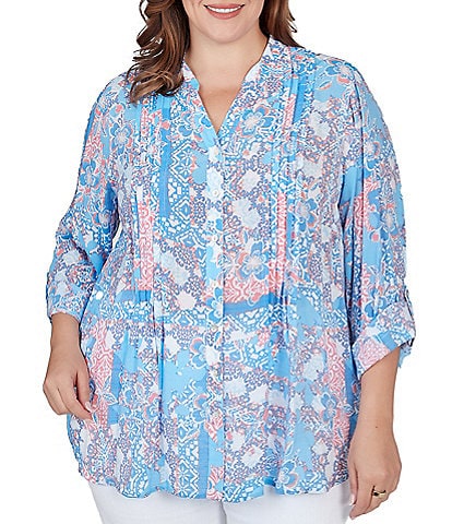 Ruby Rd. Plus Size Tropical Mixed Print Band Notch V-Neck Roll-Tab Sleeve Pleat Button-Front Shirt