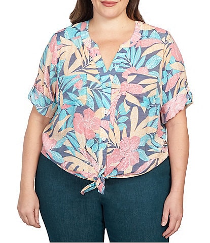Ruby Rd. Plus Size Tropical Print Notch Neck 3/4 Roll-Tab Sleeve Button Tie Front Shirt