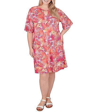 Ruby Rd. Plus Size Tropical Print Round Keyhole Neck Short Flowy Sleeve A-Line Dress