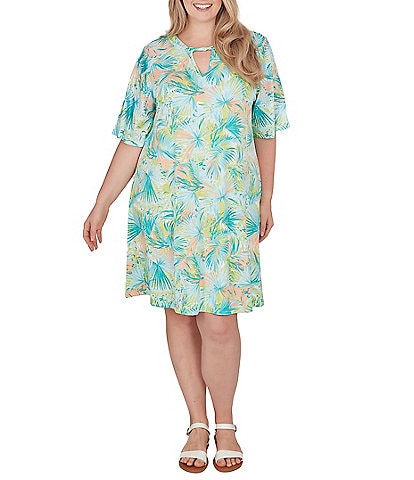 Ruby Rd. Plus Size Tropical Print Round Keyhole Neck Short Flowy Sleeve A-Line Dress