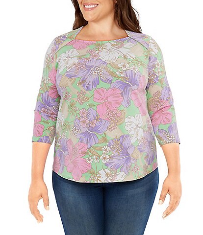 Ruby Rd. Plus Size Tropical Print Square Neck 3/4 Sleeve Knit Top