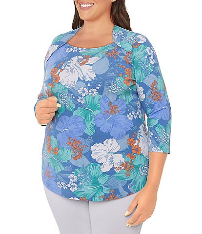 Ruby Rd. Plus Size Tropical Print Square Neck 3/4 Sleeve Top