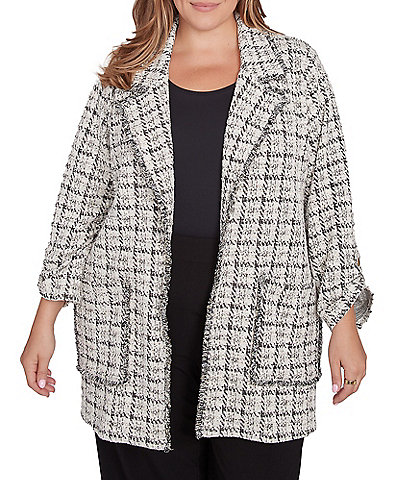 Ruby Rd. Plus Size Tweed Metallic Plaid Notch Lapel Collar Long Roll-Tab Sleeve Open-Front Jacket