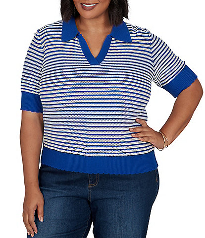 Ruby Rd. Plus Size Two-Tone Collared V-Neck Elbow Length Sleeve Pullover Sweater