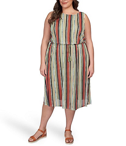 Ruby Rd. Plus Size Vertical Striped Print Stretch Knit Sleeveless Tassel Tie Waist Blouson Dress