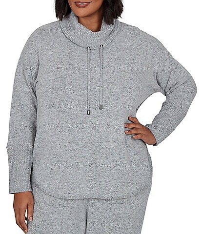 Ruby Rd. Plus Size Waffle Knit Drawstring Draped Cowl Neck Long Sleeve Top
