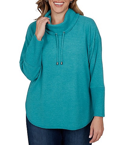 Ruby Rd. Plus Size Waffle Knit Drawstring Draped Cowl Neck Long Sleeve Top