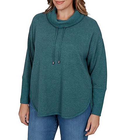 Ruby Rd. Plus Size Waffle Knit Drawstring Draped Cowl Neck Long Sleeve Top