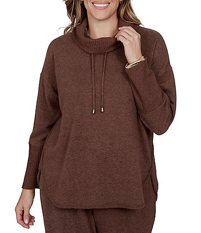 Ruby Rd. Plus Size Waffle Knit Drawstring Draped Cowl Neck Long Sleeve Top