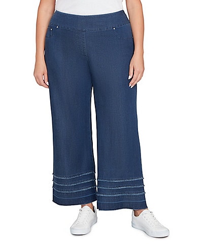 Ruby Rd. Plus Size Wide Leg Fringe Tiered Hem Pull-On Denim Ankle Jeans