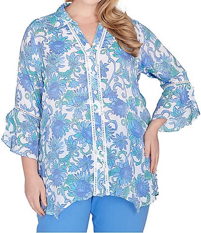Ruby Rd. Plus Size Woven Bali Floral Print Point Collar 3/4 Flounce Sleeve Lace Trim Button-Front Shirt