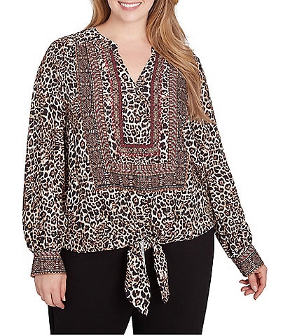 Ruby Rd. Plus Size Woven Beaded Animal Print Split V-Neck Long Blouson Sleeve Tie-Front Top