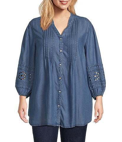 Ruby Rd. Plus Size Woven Embroidered  Pintuck Mandarin Neck 3/4 Sleeve Top