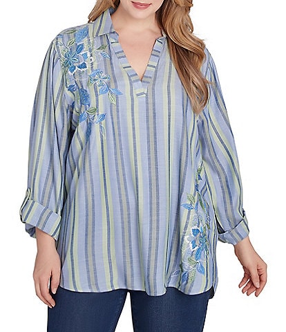 Ruby Rd. Plus Size Woven Embroidered Floral Stripe Collared V-Neck Long Roll-Tab Sleeve Blouse