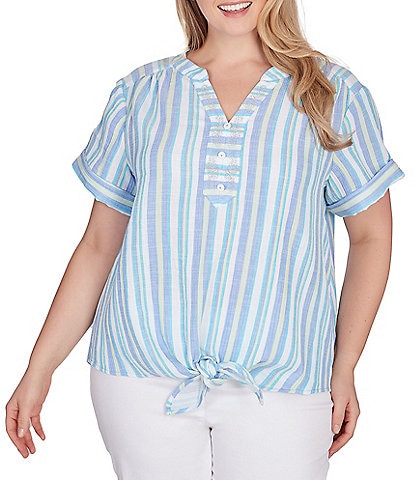 Ruby Rd. Plus Size Woven Embroidered Stripe Split V-Neck Short Sleeve Tie-Front Top