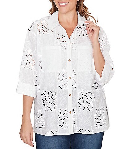 Ruby Rd. Plus Size Woven Eyelet Embroidery Collared V-Neck 3/4 Roll-tab Sleeve Button-Front Shirt