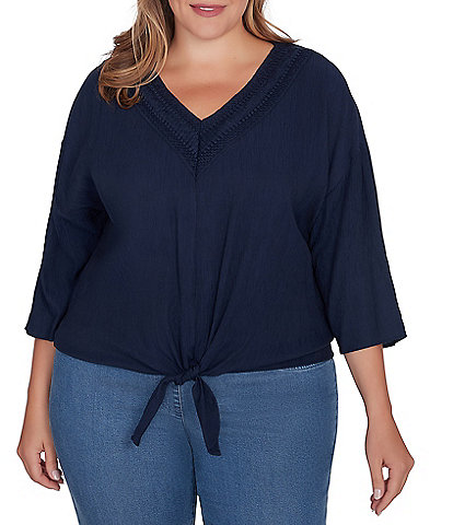 Ruby Rd. Plus Size Woven Gauze V-Neck 3/4 Sleeve Tie-Front Top
