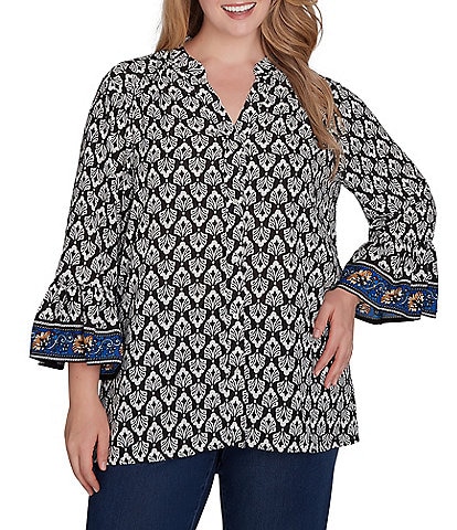 Ruby Rd. Plus Size Woven Ikat Border Print Band Neck 3/4 Sleeve Button-Front Top