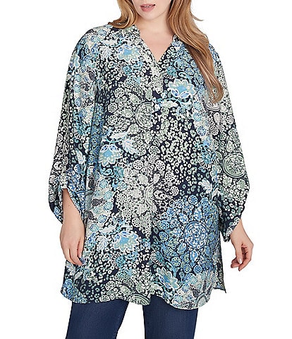 Ruby Rd. Plus Size Woven Medallion Patchwork Print Band Collar Long Roll-Tab Sleeve Tunic