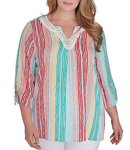 Ruby Rd. Plus Size Woven Metallic Wavy Stripe Embroidered Beaded Split V-Neck Ruched 3/4 Sleeve Top