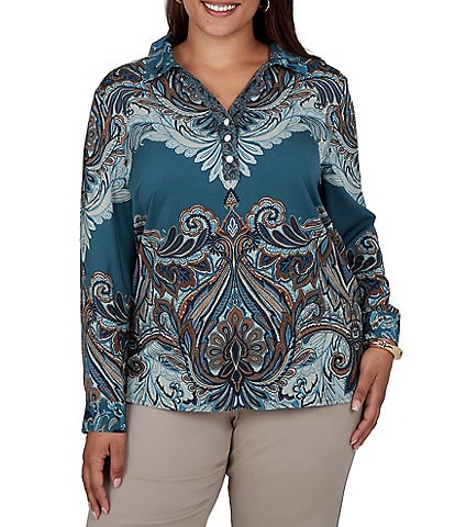 Ruby Rd. Plus Size Woven Painted Scarf Paisley Bloom Collared V-Neck Long Sleeve Top