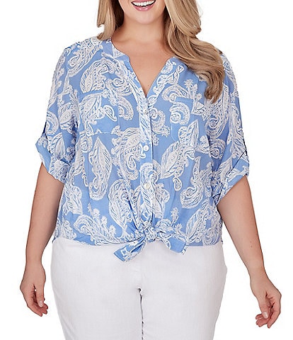Ruby Rd. Plus Size Woven Paisley Print Banded Collar Short Roll-Tab Sleeve Tie Button-Front Shirt