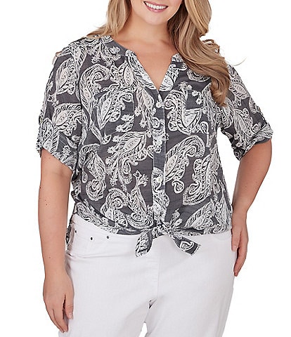 Ruby Rd. Plus Size Lotus Contrasting Panel Print Long Roll-Tab Sleeve  Button Front Top, Dillard's in 2023
