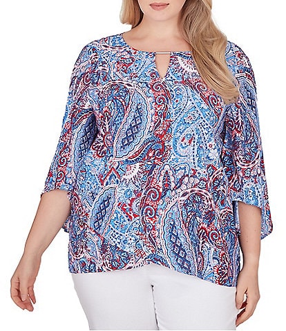 Ruby Rd. Plus Size Woven Printed Keyhole Bar Detail Neck 3/4 Sleeve Top
