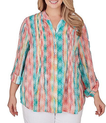 Ruby Rd. Plus Size Woven Stripe Banded Collar 3/4 Roll-tab Sleeve Pintuck Button-Front Shirt