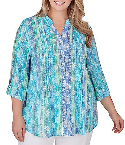 Ruby Rd. Plus Size Tropical Print Notch Neck 3/4 Roll-Tab Sleeve Button Tie  Front Shirt