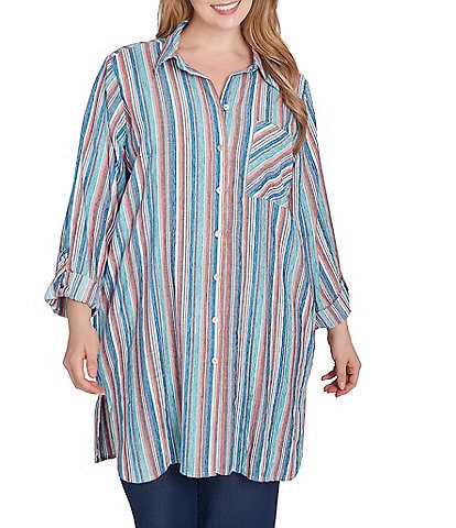 Ruby Rd. Plus Size Woven Striped Point Collar Long Roll-Tab Sleeve Button Front Shirt