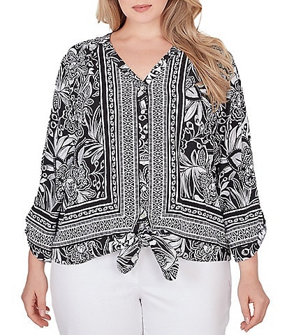 Ruby Rd. PLus Size Woven Woodblock Floral Print V-Neck 3/4 Roll-Tab Sleeve Tie Front Top