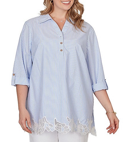 Ruby Rd. Plus Size Woven Yarn-Dyed Stripe Johnny Collar 3/4 Roll-Tab Sleeve Embroidered Hem Blouse