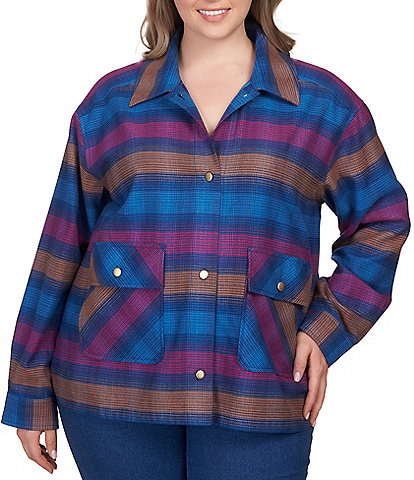 Ruby Rd. Plus Size Yarn Dyed Stripe Print Flannel Snap Front Jacket