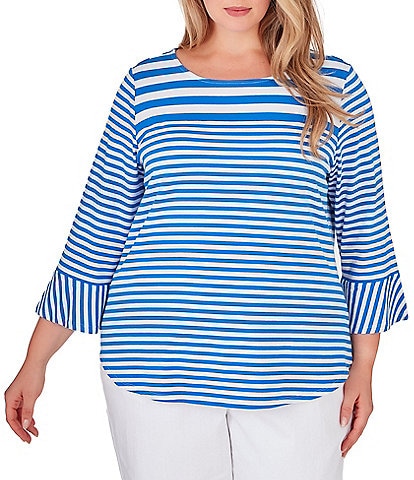 Ruby Rd. Plus Size Stripe Fall Graphic Print Boat Neck 3/4 Sleeve Top
