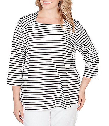 Ruby Rd. Plus Size Yarn-Dyed Cotton Jersey Striped Square Neck 3/4 Sleeve Tee Top