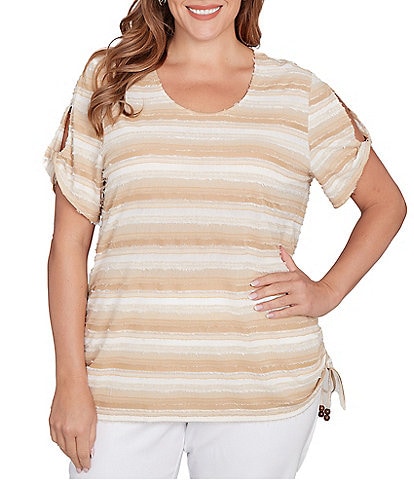 Ruby Rd. Plus Size Yarn-Dyed Knit Stripe Scoop Neck Short Sleeve Side Ties Top