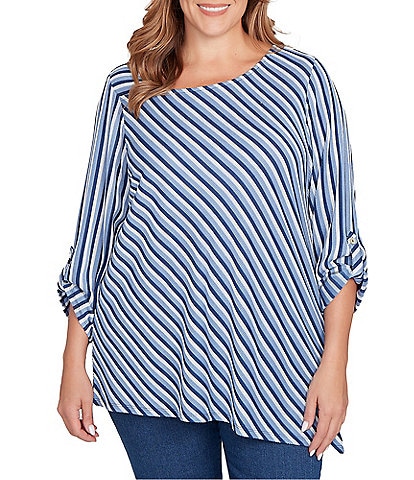 Ruby Rd. Plus Size Yarn-Dyed Stripe 3/4 Roll-Tab Sleeve Asymmetric Top