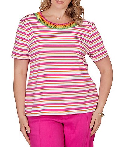 Ruby Rd. Plus Size Yarn-Dyed Stripe Crochet Embellished Scoop Neck Short Sleeve Tee