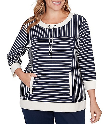Ruby Rd. Plus Size Yarn-Dyed Stripe Scoop Neck 3/4 Sleeve Top