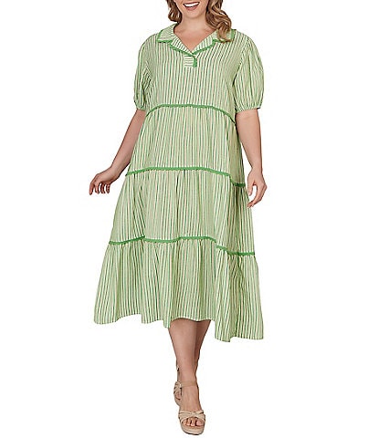 Ruby Rd. Plus Size Yarn-Dyed Textured Stripe Contrast Trim Tiered Midi Dress