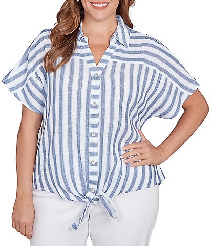 Ruby Rd. Plus Size Yarn-Dyed Woven Stripe Collared V-Neck Short Sleeve Button Front Shirt