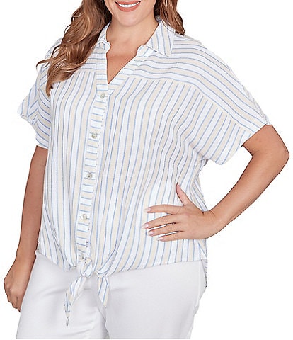 Ruby Rd. Plus Size Yarn-Dyed Woven Stripe Collared V-Neck Short Sleeve Button Front Shirt