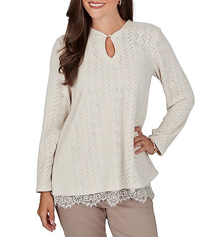 Ruby Rd. Pointelle Chenille Knit Round Neck Long Sleeve Top