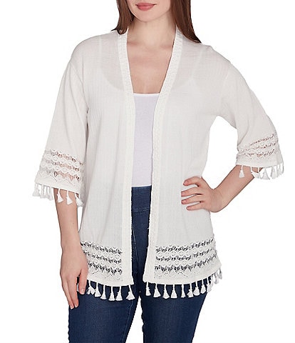 Ruby Rd. Pom Pom Lace Placket 3/4 Sleeve Lace Tassel Trim Open-Front Cardigan