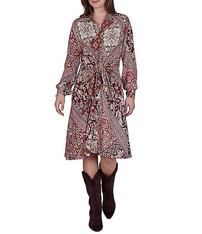 Ruby Rd. Ponte Victorian-Inspired Patchwork Point Collar Long Sleeve Self Tie Shirt Dress