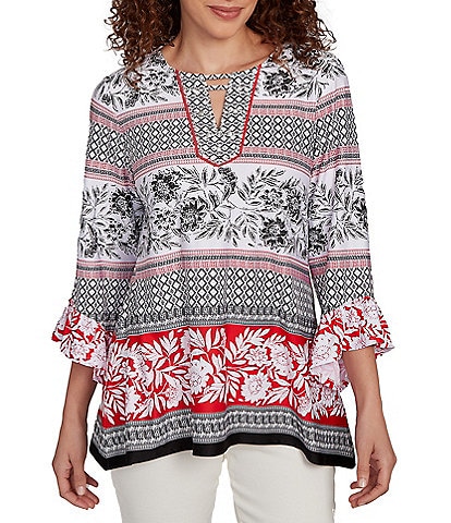 Ruby Rd. Printed Embellished Keyhole Neck 3/4 Ruffle Sleeve Sharkbite Hem Top