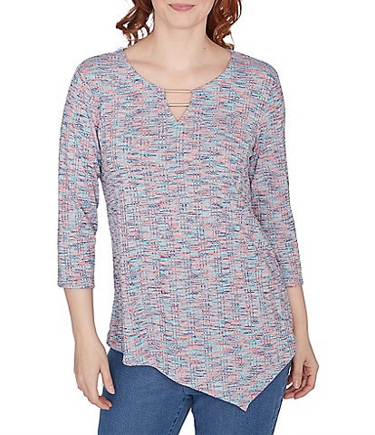 Ruby Rd. Printed Keyhole Double Bar Detail 3/4 Sleeve Drop Needle Knit Top