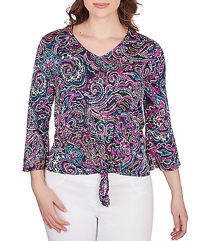 Ruby Rd. Puff Brocade Print Knit V-Neck 3/4 Flare Sleeve Tie-Front Top
